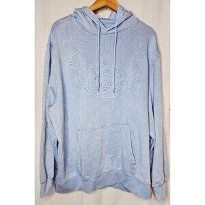 Disney Stitch Soft Light Blue Pullover Hoodie Embossed Washed Denim Look Large